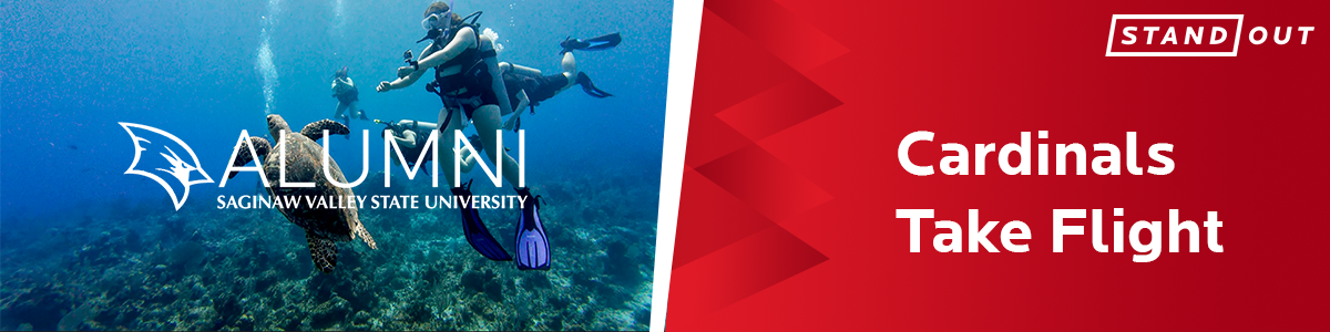 Cardinals Take Flight with a photo of a student snorkeling with a sea turtle